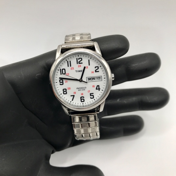 Timex Watch Easy Read Speidel Stainless Stretch Band Day Date Mens New Battery - Picture 2 of 11